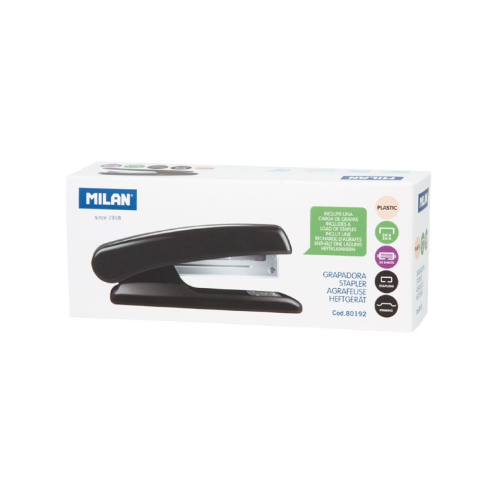 Milan Grapadora Metalica - Cuerpo de Plastico - hasta 20 Hojas - Base 12.5cm - Grapas 24/6 y 26/6 - Color Negro
