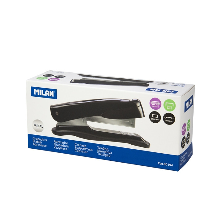 Milan Grapadora Metalica - Cuerpo de Plastico - hasta 20 Hojas - Base 14.5cm - Grapas 24/6 y 26/6 - Color Negro