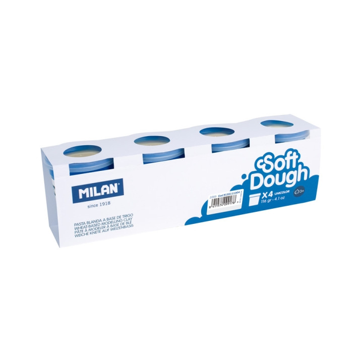 Milan Soft Dough Pack de 4 Botes de Pasta Blanda - 100% Vegetal - Moldeable - Sin Residuos - Colores Mezclables - 116g por Unid