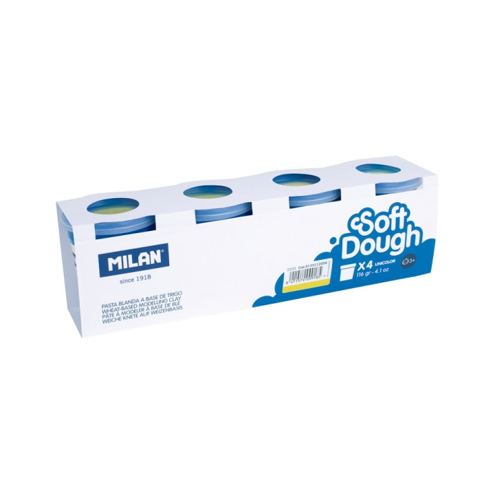 Milan Soft Dough Pack de 4 Botes de Pasta Blanda - 100% Vegetal - Moldeable - Sin Residuos - Colores Mezclables - 116g por Unid