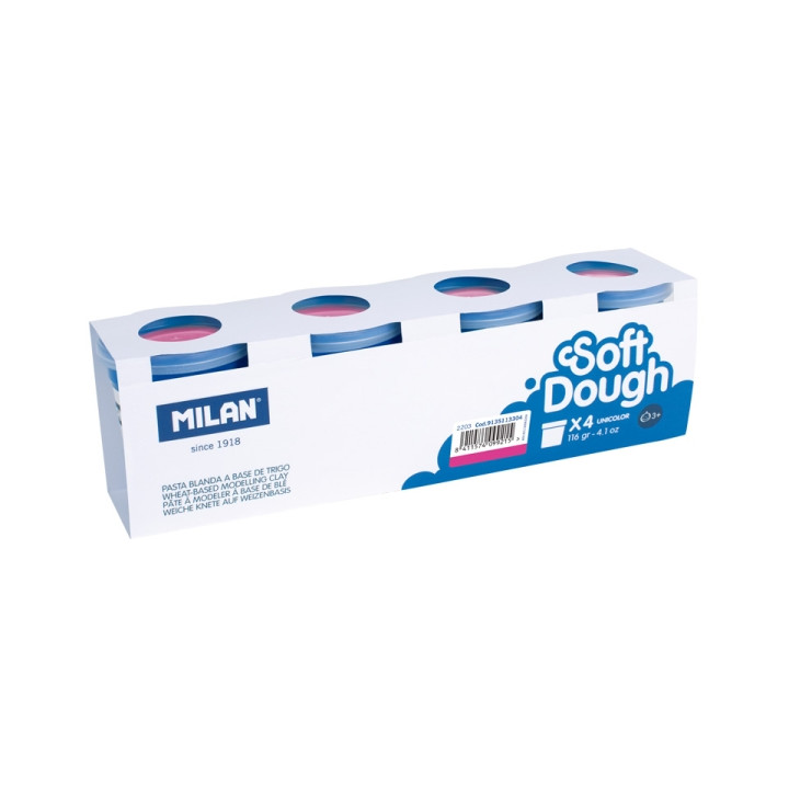 Milan Soft Dough Pack de 4 Botes de Pasta Blanda - 100% Vegetal - Moldeable - Sin Residuos - Colores Mezclables - 116g por Unid