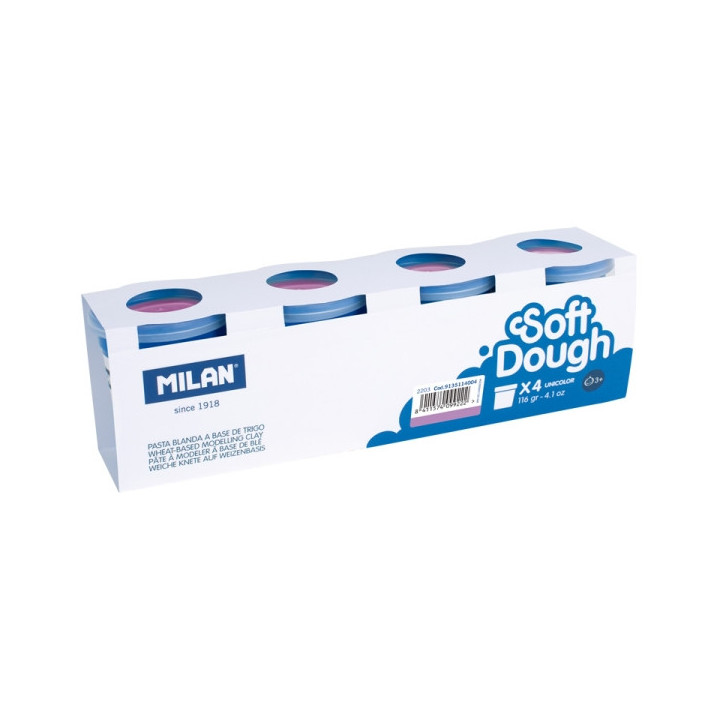 Milan Soft Dough Pack de 4 Botes de Pasta Blanda - 100% Vegetal - Moldeable - Sin Residuos - Colores Mezclables - 116g por Unid