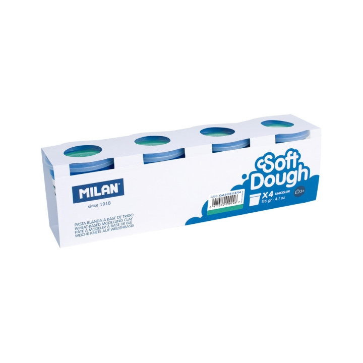 Milan Soft Dough Pack de 4 Botes de Pasta Blanda - 100% Vegetal - Moldeable - Sin Residuos - Colores Mezclables - 116g por Unid