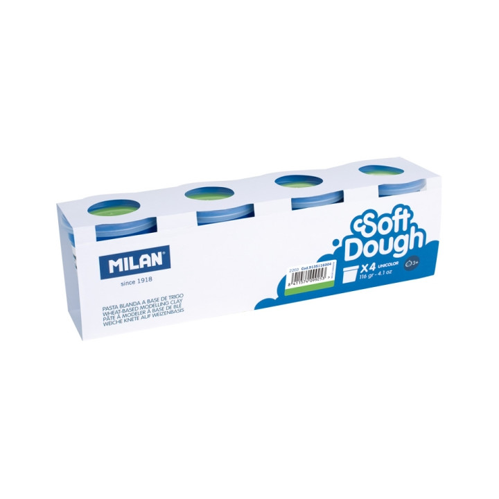 Milan Soft Dough Pack de 4 Botes de Pasta Blanda - 100% Vegetal - Moldeable - Sin Residuos - Colores Mezclables - 116g por Unid