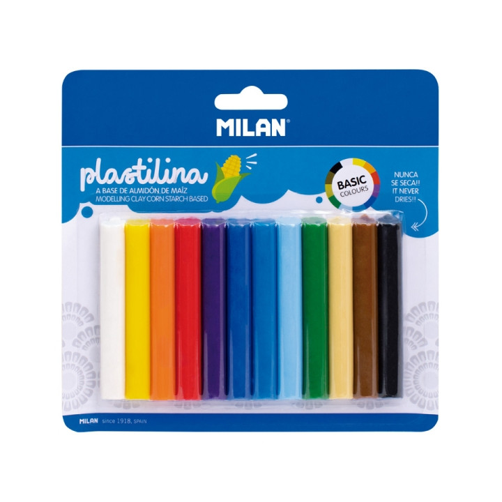 Milan Pack de 12 Barritas Plastilina de Colores - 100% Vegetal - Muy Moldeable - No Se Seca - Colores Mezclables - 140g - Color