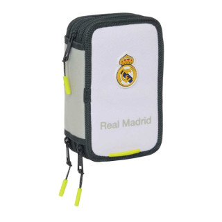 Safta Real Madrid Plumier de 1.3L con 37 Piezas - 3 Compartimentos - Cierre de Cremallera - 12.5x19.5x5.5cm - Color Blanco y Ne