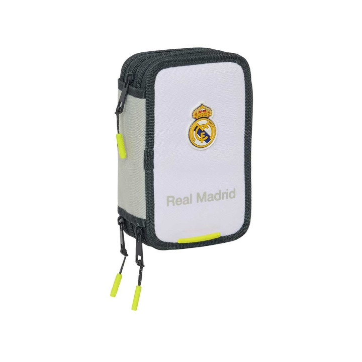 Safta Real Madrid Plumier de 1.3L con 37 Piezas - 3 Compartimentos - Cierre de Cremallera - 12.5x19.5x5.5cm - Color Blanco y Ne