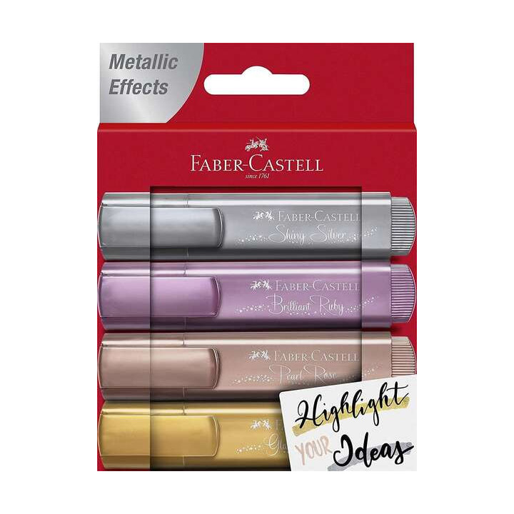 Faber-Castell Textliner 46 Metallic Pack de 4 Marcadores Fluorescentes - Punta Biselada - Trazo entre 1mm y 5mm - Tinta con Bas