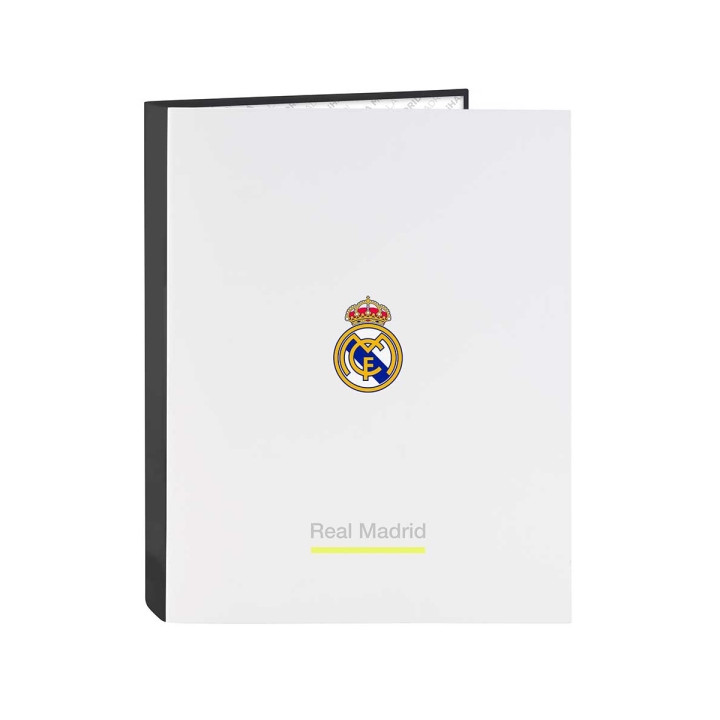 Safta Real Madrid Carpeta de 4 Anillas - Tapas Duras Forradas - Lomo de 40mm - Formato Folio - 26.5x33x4cm - Color Blanco y Neg