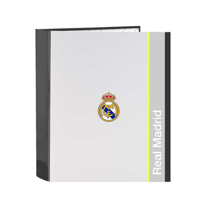 Safta Real Madrid Carpeta de 4 Anillas - Tapas Duras Forradas - Lomo de 60mm - Formato Folio - 27x33x6cm - Color Blanco y Negro