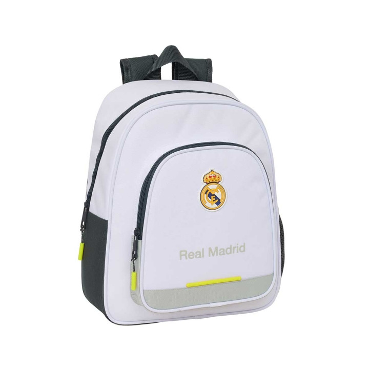 Safta Real Madrid Mochila Infantil de 10L - Adaptable a Carro - 2 Compartimentos - Portabotellas - 28x34x10cm - Color Blanco y