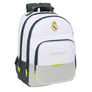 Safta Real Madrid Mochila Escolar de 21.5L - Adaptable a Carro - 3 Compartimentos - Portabotellas - 32x42x16cm - Color Blanco y