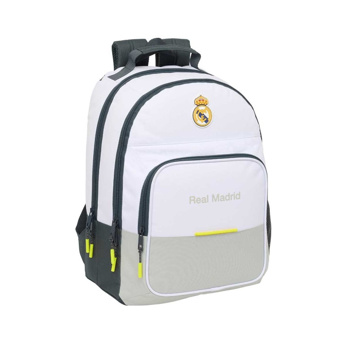 Safta Real Madrid Mochila Escolar de 21.5L - Adaptable a Carro - 3 Compartimentos - Portabotellas - 32x42x16cm - Color Blanco y