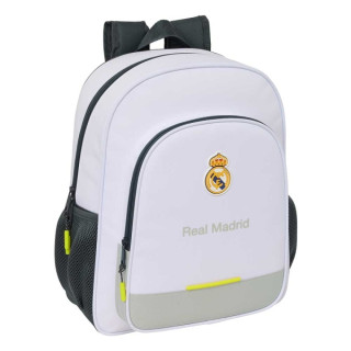 Safta Real Madrid Mochila Infantil de 15L - Adaptable a Carro - 2 Compartimentos - Portabotellas - 32x38x12cm - Color Blanco y