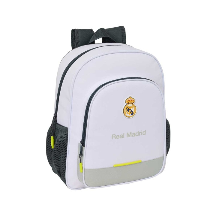 Safta Real Madrid Mochila Infantil de 15L - Adaptable a Carro - 2 Compartimentos - Portabotellas - 32x38x12cm - Color Blanco y