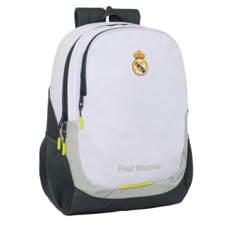 Safta Real Madrid Mochila Escolar de 23L - Adaptable a Carro - 2 Compartimentos - Portabotellas - 32x44x16cm - Color Blanco y N