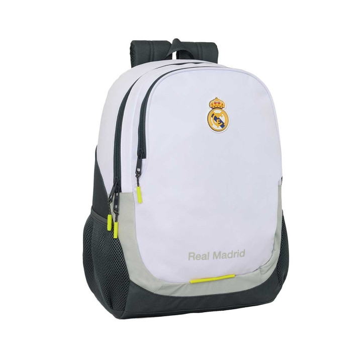 Safta Real Madrid Mochila Escolar de 23L - Adaptable a Carro - 2 Compartimentos - Portabotellas - 32x44x16cm - Color Blanco y N