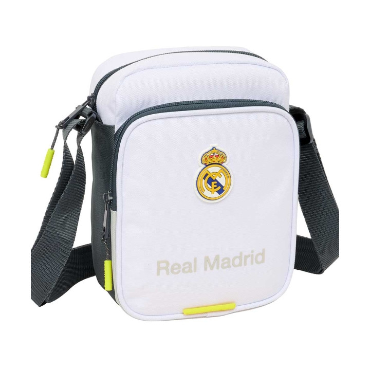 Safta Real Madrid Bandolera de 2L - Ajustable - Bolsillo Trasero con Velcro - Cierre con Cremallera - 16x22x6cm - Color Blanco