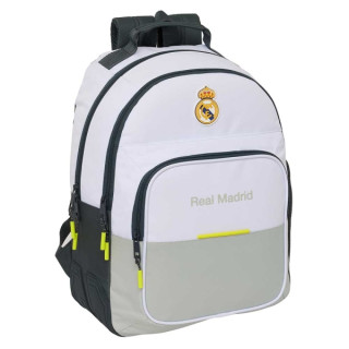 Safta Real Madrid Mochila Escolar de 20L - Adaptable a Carro - 3 Compartimentos - Portabotellas - 32x42x15cm - Color Blanco y N