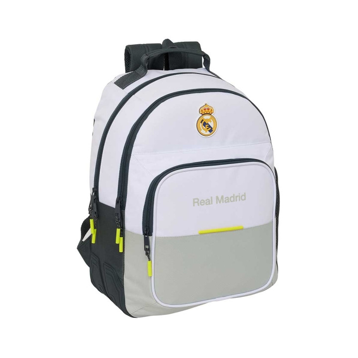 Safta Real Madrid Mochila Escolar de 20L - Adaptable a Carro - 3 Compartimentos - Portabotellas - 32x42x15cm - Color Blanco y N