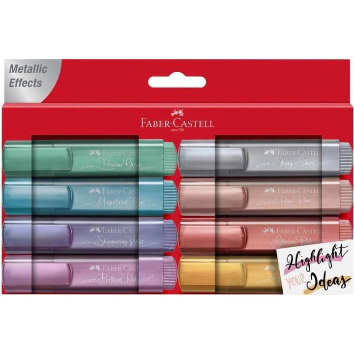 Faber-Castell Textliner 46 Metallic Pack de 8 Marcadores Fluorescentes - Punta Biselada - Trazo entre 1mm y 5mm - Tinta con Bas