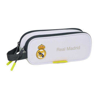 Safta Real Madrid Estuche Portatodo de 1L - 2 Compartimentos - Cierre de Cremallera - Asa de Mano - 21x8x6cm - Color Blanco y N