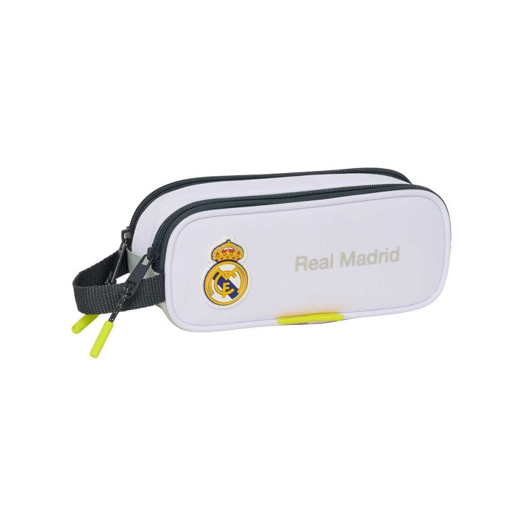 Safta Real Madrid Estuche Portatodo de 1L - 2 Compartimentos - Cierre de Cremallera - Asa de Mano - 21x8x6cm - Color Blanco y N
