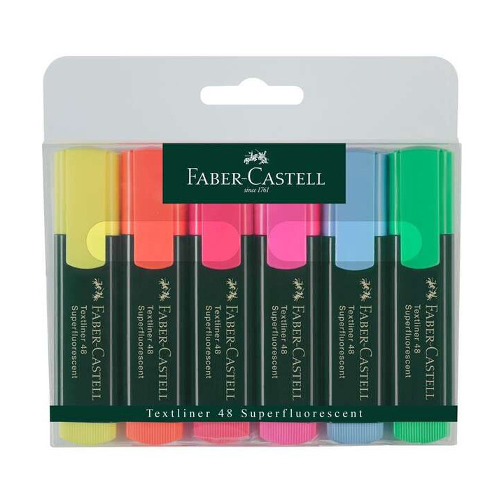 Faber-Castell Textliner 48 Pack de 6 Marcadores Fluorescentes - Punta Biselada - Trazo entre 1.2mm y 5mm - Tinta con Base de Ag