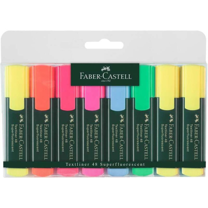 Faber-Castell Textliner 48 Pack de 8 Marcadores Fluorescentes - Punta Biselada - Trazo entre 1.2mm y 5mm - Tinta con Base de Ag
