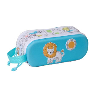 Safta Lion Estuche Portatodo 3D - 2 Compartimentos - Cierre de Cremallera - Asa de Mano - 21x8x6cm - Color Blanco y Azul