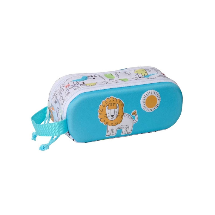 Safta Lion Estuche Portatodo 3D - 2 Compartimentos - Cierre de Cremallera - Asa de Mano - 21x8x6cm - Color Blanco y Azul