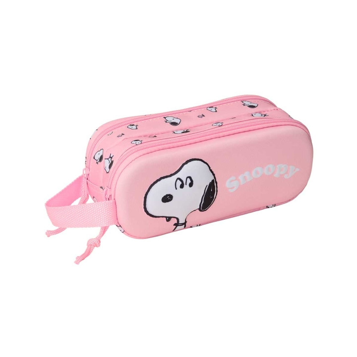 Safta Snoopy Estuche Portatodo 3D de 1L - 2 Compartimentos - Cierre de Cremallera - Asa de Mano - 21x8x6cm - Color Rosa Pastel