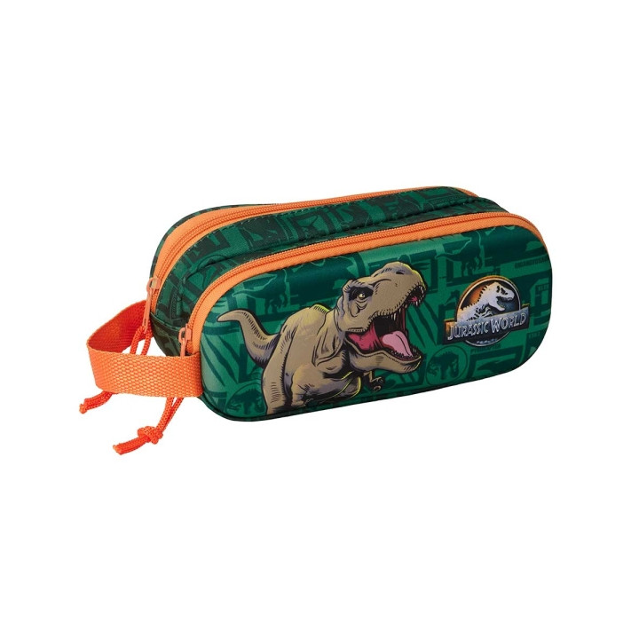 Safta Jurassic World Estuche Portatodo 3D de 1L - 2 Compartimentos - Cierre de Cremallera - Asa de Mano - 21x8x6cm - Color Verd