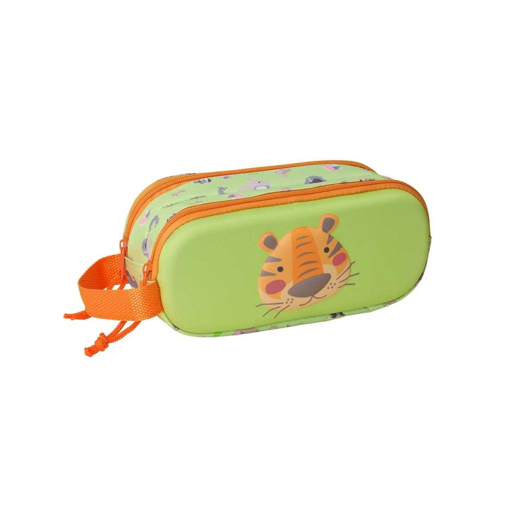 Safta Tiger Estuche Portatodo 3D de 1L - 2 Compartimentos - Cierre de Cremallera - Asa de Mano - 21x8x6cm - Color Verde Claro