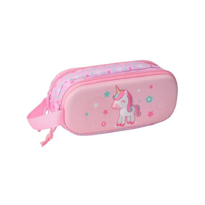 Safta Unicorn Estuche Portatodo 3D de 1L - 2 Compartimentos - Cierre de Cremallera - Asa de Mano - 21x8x6cm - Color Rosa Pastel