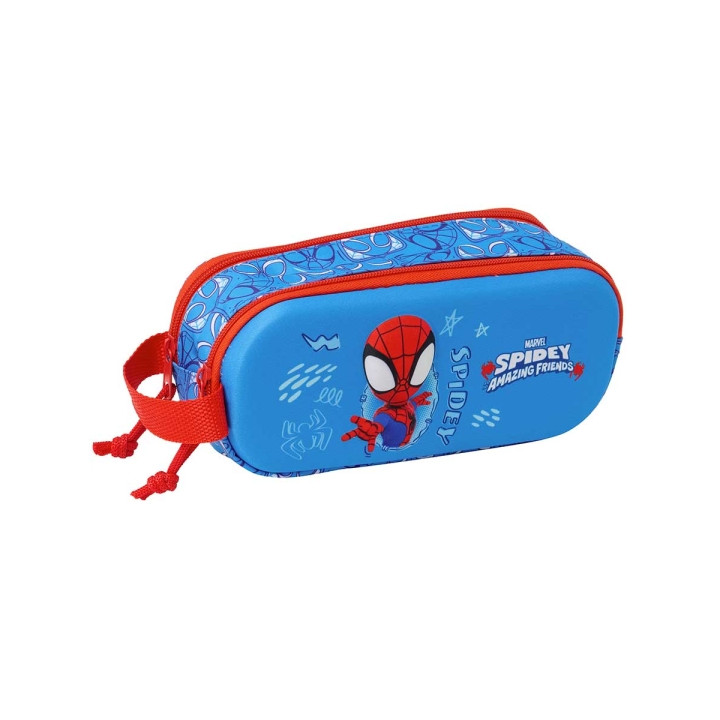 Safta Spidey Estuche Portatodo 3D de 1L - 2 Compartimentos - Cierre de Cremallera - Asa de Mano - 21x8x6cm - Color Rojo y Azul