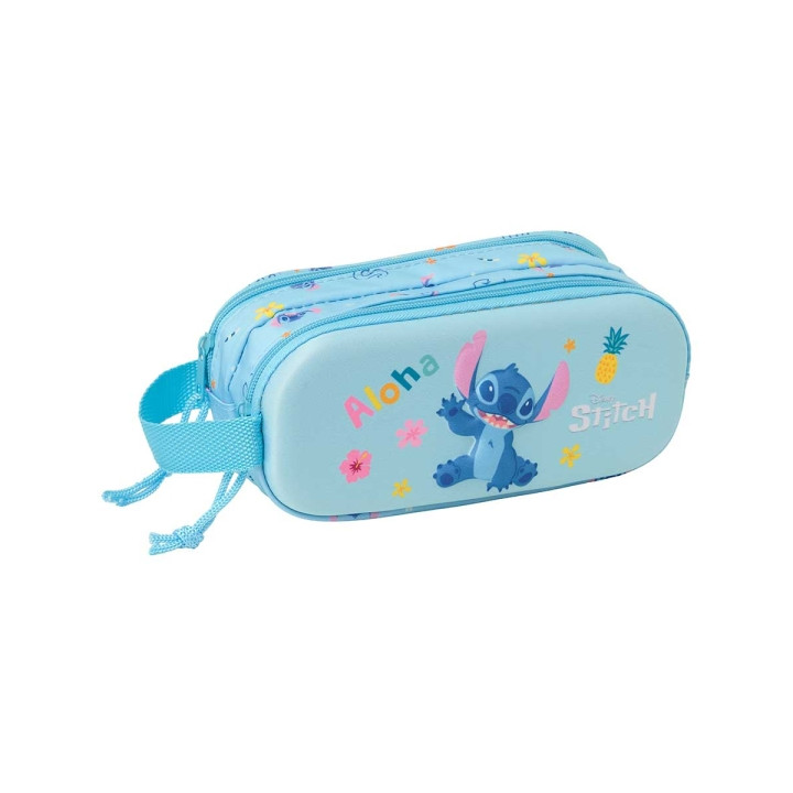 Safta Stitch Estuche Portatodo 3D de 1L - 2 Compartimentos - Cierre de Cremallera - Asa de Mano - 21x8x6cm - Color Azul Claro