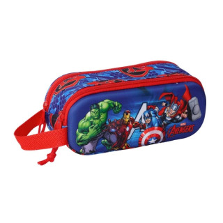 Safta Avengers Estuche Portatodo 3D de 1L - 2 Compartimentos - Cierre de Cremallera - Asa de Mano - 21x8x6cm - Color Rojo y Azu