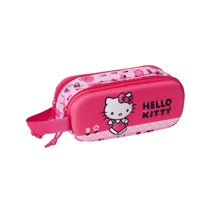Safta Hello Kitty Estuche Portatodo 3D de 1L - 2 Compartimentos - Cierre de Cremallera - Asa de Mano - 21x8x6cm - Color Rosa