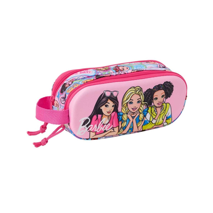 Safta Barbie Estuche Portatodo 3D de 1L - 2 Compartimentos - Cierre de Cremallera - Asa de Mano - 21x8x6cm - Color Rosa