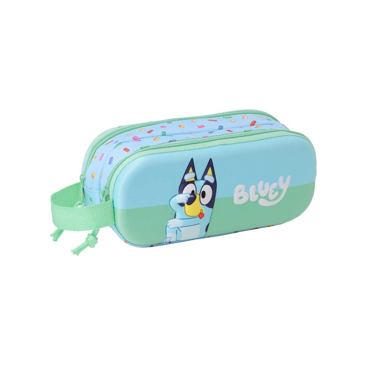 Safta Bluey Estuche Portatodo 3D de 1L - 2 Compartimentos - Cierre de Cremallera - Asa de Mano - 21x8x6cm - Color Azul Claro