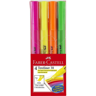 Faber-Castell Textliner 38 Pack de 4 Marcadores Fluorescentes - Cuerpo Fino - Punta Biselada - Trazo Grueso y Fino - Tinta con