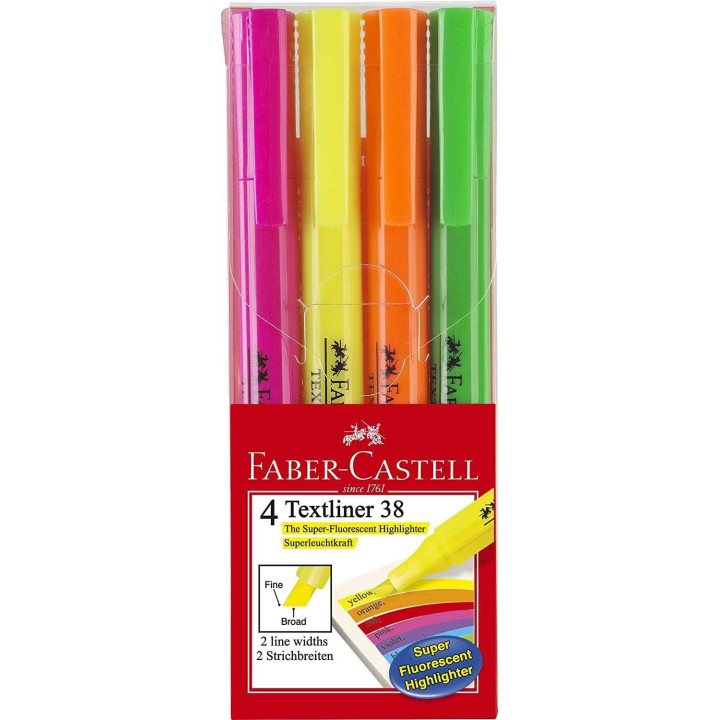 Faber-Castell Textliner 38 Pack de 4 Marcadores Fluorescentes - Cuerpo Fino - Punta Biselada - Trazo Grueso y Fino - Tinta con