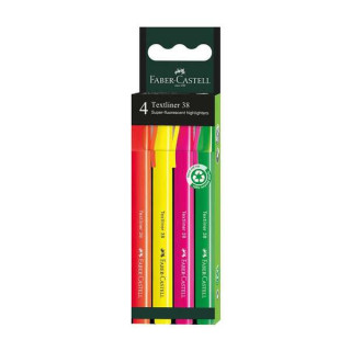 Faber-Castell Textliner 38 Pack de 4 Marcadores Fluorescentes - Cuerpo Fino - Punta Biselada - Trazo Grueso y Fino - Tinta con