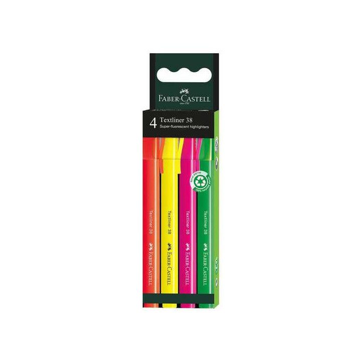 Faber-Castell Textliner 38 Pack de 4 Marcadores Fluorescentes - Cuerpo Fino - Punta Biselada - Trazo Grueso y Fino - Tinta con