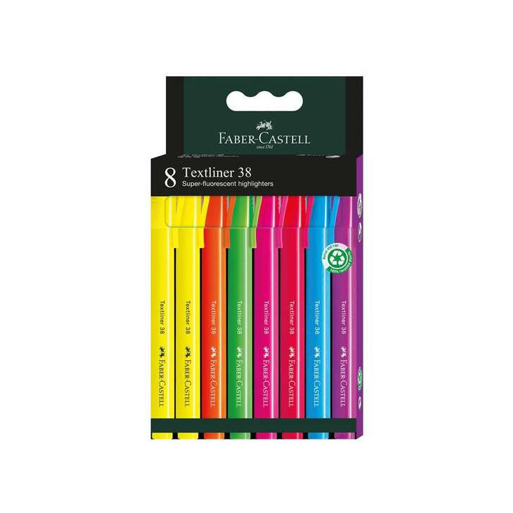 Faber-Castell Textliner 38 Pack de 8 Marcadores Fluorescentes - Cuerpo Fino - Punta Biselada - Trazo Grueso y Fino - Tinta con