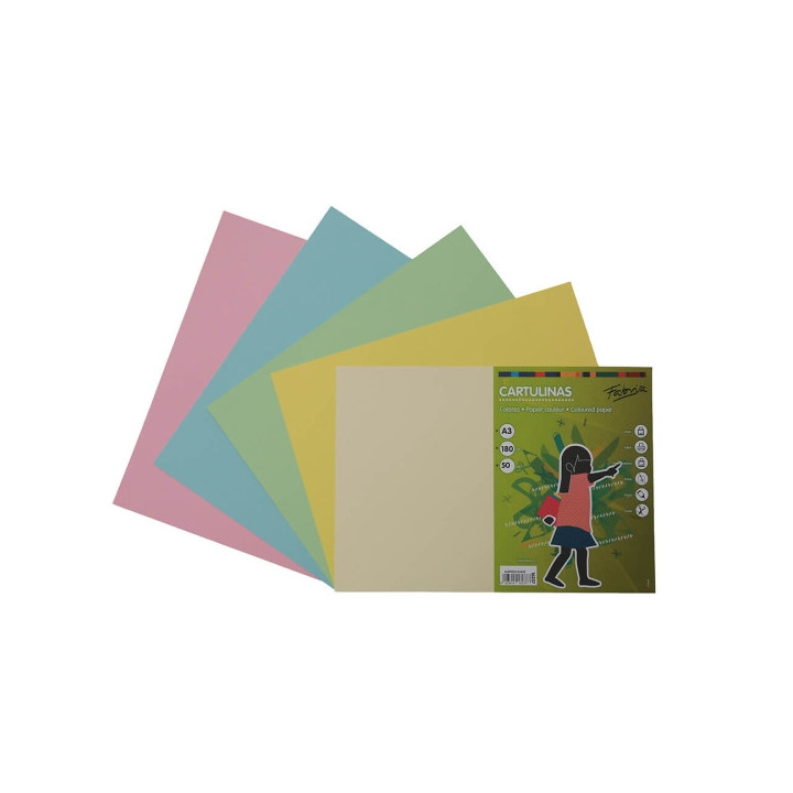 Fabrisa Pack de 50 Cartulinas 180 g/m² - Tamaño A3 - Colores Pastel Surtidos