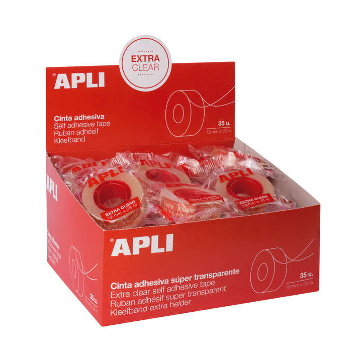 Apli Cinta Adhesiva Extra Clear 19mm x 33m - Resistente al Agua y a la Intemperie - Facil de Cortar con las Manos - Transparent