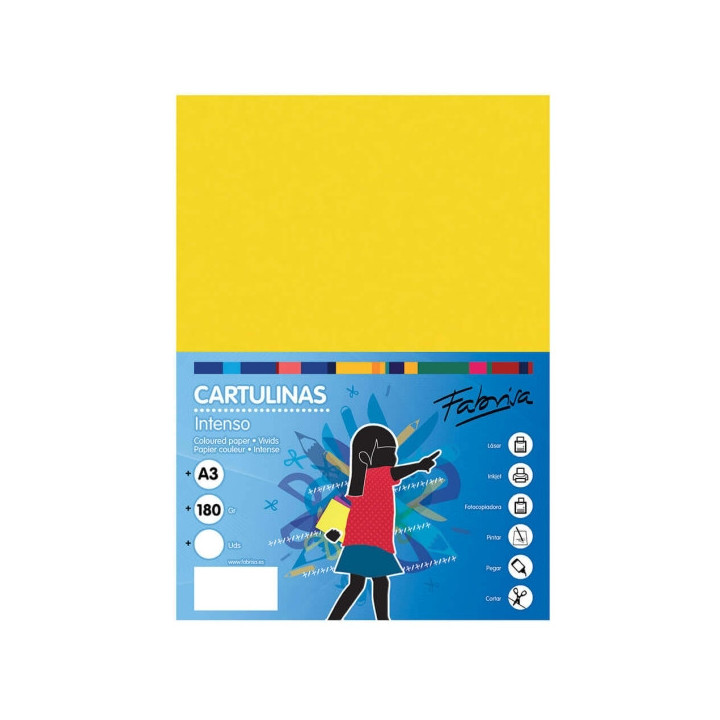 Fabrisa Pack de 25 Cartulinas 180 g/m² - Tamaño A3 - Color Amarillo Fuerte