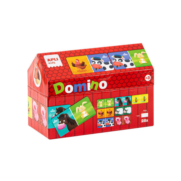 Apli Kids Domino de la Granja Ilustrado por Angelica Scudamore - 28 Piezas de 14x7 cm - Caja en Forma de Casita - Piezas Resist